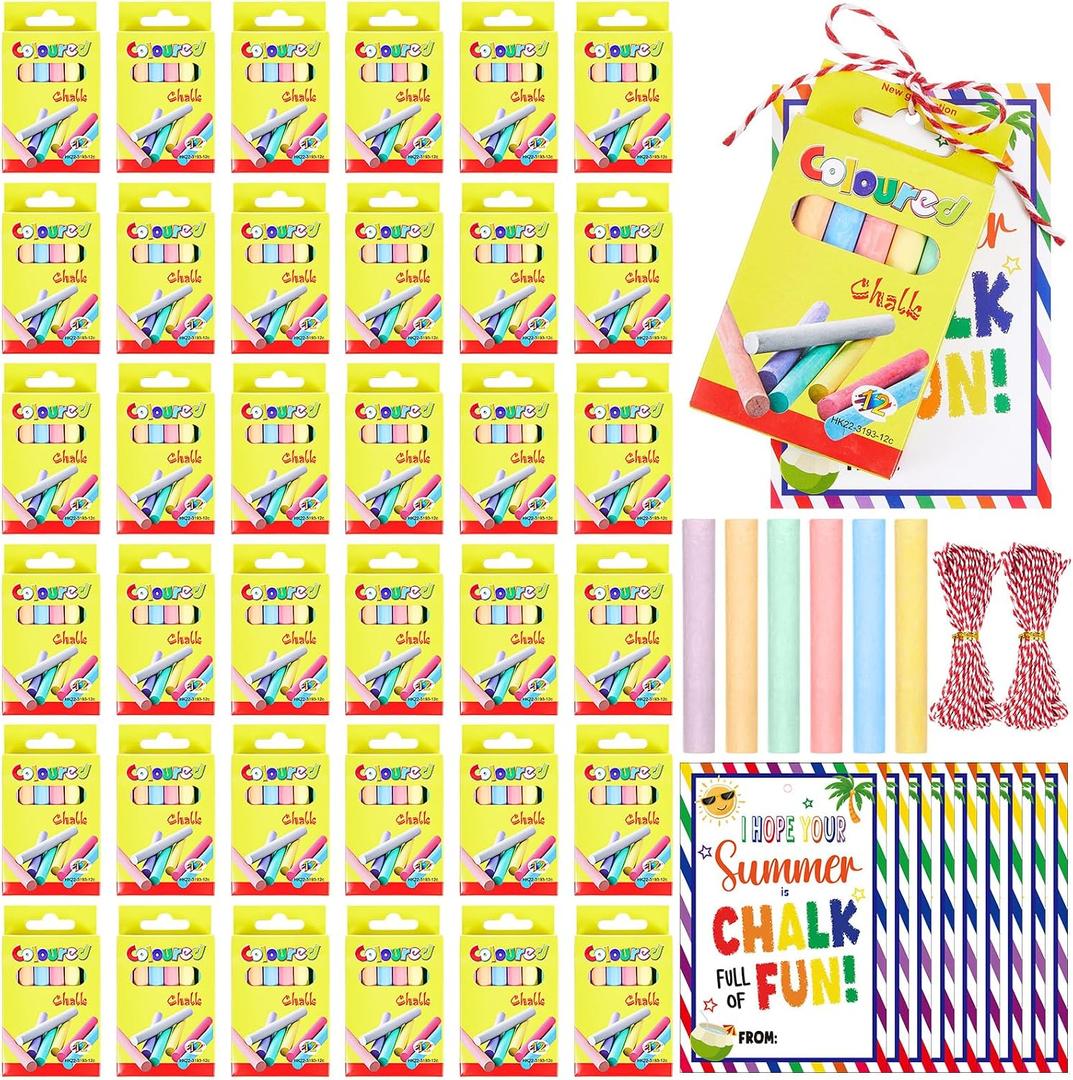 AmazingSpark 36 Sets 432 Count End of Year Gift for Student from Teacher Sidewalk Chalk Party Favors with Gift Card Colorful Mini Chalk Stick for Boy and Girl Kid School Student Office Summer Supplies
