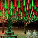 2 Pack Christmas Decorations Lights Outdoor, Extendable Meteor Shower Lights with Timer, Total 384LED 30cm 16 Tubes Indoor Outdoor Snow Cascading String Light for Xmas Party Yard Decor (Red and Green)