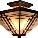 Tiffany Style Ceiling Fixture Lamp Mission 14" Semi Flush Mount Wide Stained Glass Tan Brown Antique Vintage Light Decor Living Room Bedroom Kitchen Hallway Gift AM085CL14B Amora Lighting
