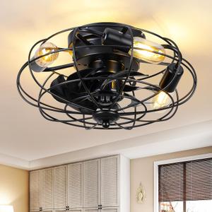 15" Flush Mount Caged Ceiling Fans with Lights, 3 SpeedsLow Profile Ceiling Fan with Light and Remote, Timer, Indoor, Small Bladeless Ceiling Fans with Lights for Bedroom