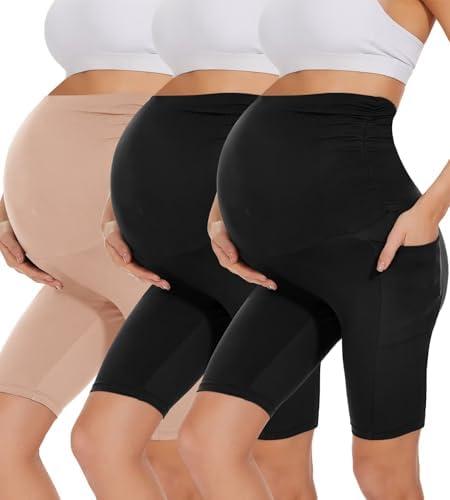 HIGHDAYS 3 Pack Maternity Shorts Over The Belly - 8" Women's Pregnancy Biker for Yoga, S