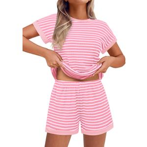 Ekouaer Waffle Knit Lounge Set Women Stripe Pajama Sets Short Sleeve Pj Tops and Shorts Matching loungewear with Pockets (XX-Large)