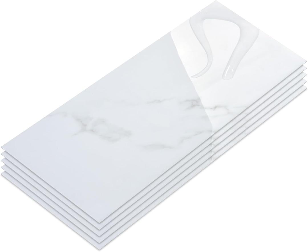 10-Sheet Subway Peel and Stick Backsplash, 12" x 24" Glossy Carrara White Acrylic Self Adhesive Waterproof Wall Stickers, Stick on Tiles for Kitchen Bathroom Shower