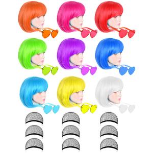 9 Pack Colored Wigs, Funky Colorful Wigs, Short Bob Hair Wigs, Neon Party Wig, Cosplay Wig with Rimless Heart Shape Sunglasses - One Size for All Women Adults Halloween Costume Night Club