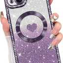 Fiyart Designed for iPhone 15 Case,Compatible with MagSafe Love Hearts Plating Soft Slim TPU Rectangular Magnetic Glitter Shockproof Phone Bumper for Women Girls 6.1"-Purple
