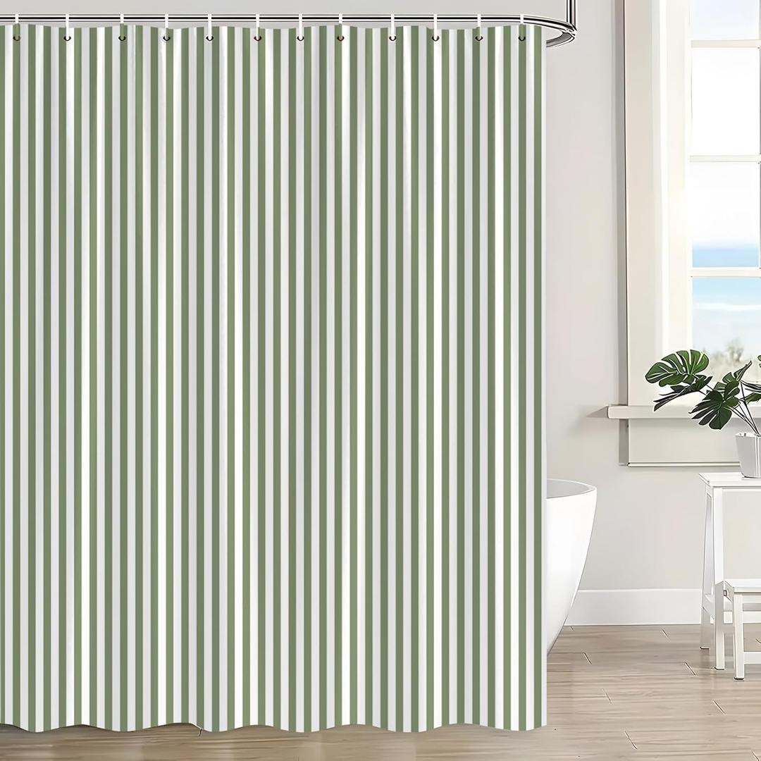 Sage Green and White Stripe Shower Curtain with Vertical Striped Farmhouse Vintage Cute Modern Minimalist Bath Curtain with Hooks