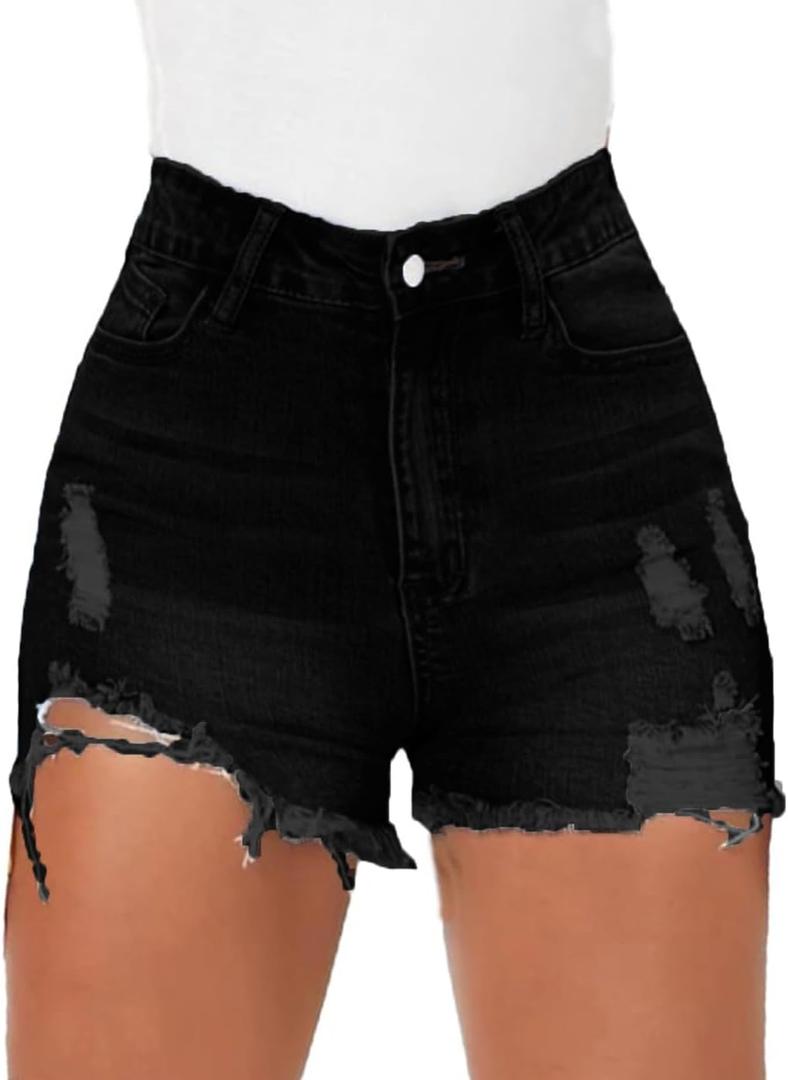 Syydn Women Casual Stretch Ripped High Waisted Denim Short Frayed Raw Hem Summer Jean Shorts (Black, Small) (Black, S)