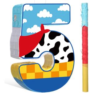 Hungdao Toy Inspired Birthday Piata for Kids Cartoon Cow Number Piata Decorations Summer Cartoon Game with Stick Red Scarf Blue Sky Cloud Boys Girls Baby Shower Farm Party Favor(Number 5)