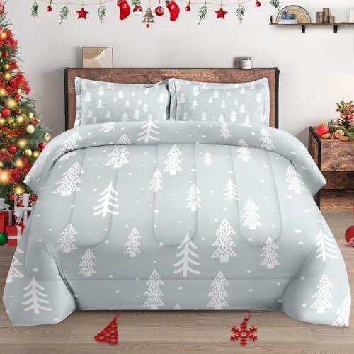 WeCozy Queen Size Comforter Set with 2 Pillowcases, Winter Cute Merry Christmas Gray Tree Soft 3 Pcs Bedding for Kids and Adults Bedroom Bed Decor