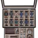 SONGMICS 12-Slot Watch Box, 2-Tier Watch Display Case with Large Glass Lid, Removable Watch Pillows, Velvet Lining, Jewelry Box, Gift Idea, Ebony Black UJOW012B01
