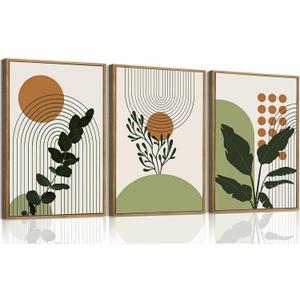 Bwodke Boho Wall Art, Framed Abstract Wall Art, Botanical Canvas Wall Decor, Mid Century Plant Leaf Geometric Pictures Set of 3, Minimalist Paintings, for Bedroom Living Room Bathroom 16"x24", 16"x24"Natural