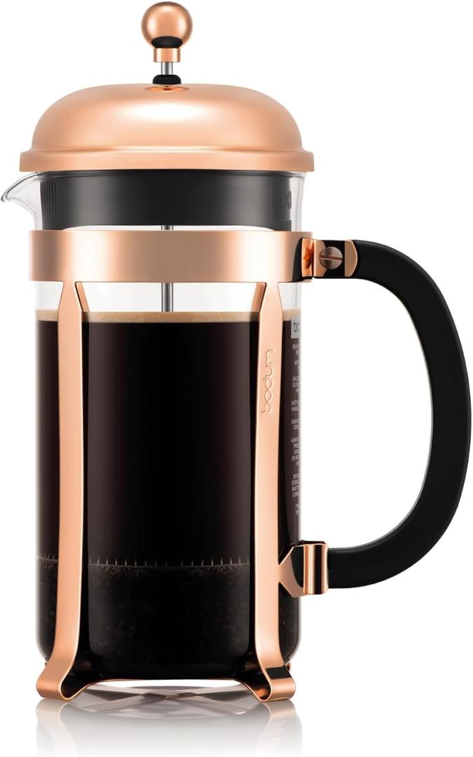 Bodum 34oz Chambord French Press Coffee Maker, High-Heat Borosilicate Glass, Stainless Steel, Copper  Made in Portugal