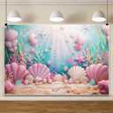 AOFOTO 10x8ft Baby Girl Underwater World Birthday Backdrop Cartoon Pink Undersea Ocean Seashell Sunlight Water Grasses Little Girl Room Decor Wallpaper Princess Kids Baby Shower Party Table Banner