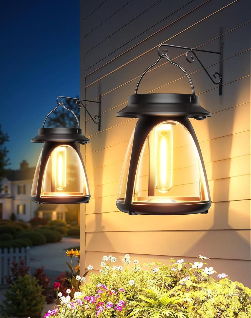Bucasa Solar Lanterns Outdoor 2 Pack, Hanging Solar Lights Waterproof IP65, 8-14h Long time Warm Light, 2 Modes Solar Powered Modern Lantern/Lamp for Garden Patio Yard Decor, Gifts for Mom, Old Men