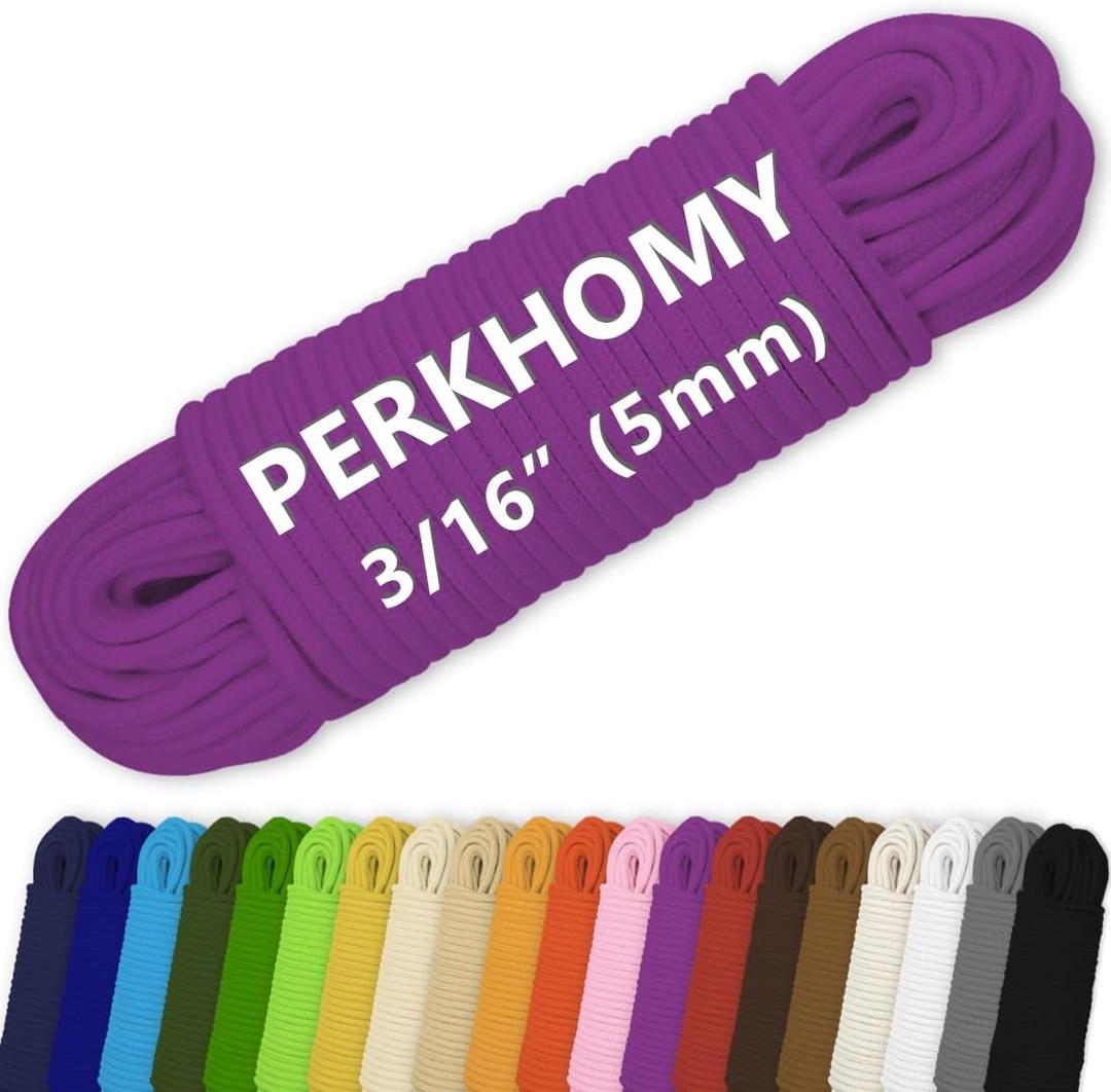 PerkHomy 500lb Cotton Rope 3/16" (5mm) 50 ft Multi Purpose Utility Diamond Braided Cord, Natural Cotton for Clothes Line Camping Crafting Flag Pole, Rose Red