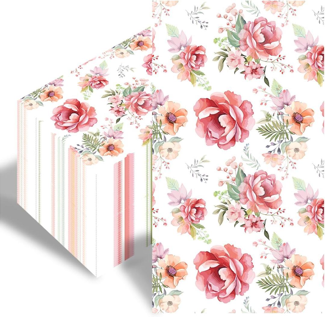 100Pcs Floral Paper Napkins Watercolor Spring Wild Flower Napkin Disposable Guest Bathroom Hand Towels Pink Floral Napkins for Wedding Bridal Baby Shower Tea Party Birthday
