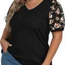 OLRIK Plus Size Tops for Women Summer Blouse Waffle Knit Short Lace Sleeve Shirts (3X, A15-fp Black)