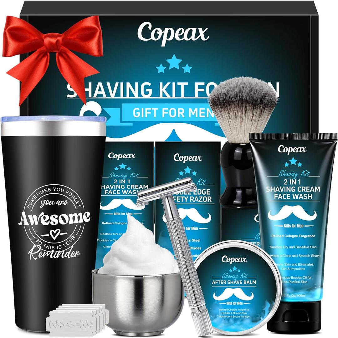 Shaving Kit for Men,Mens Shaving Kit w/Natural Cologne Shaving Cream,Balm,Bowl,Tumbler Cup,Mens Self Care & Grooming Valentines Fathers Day Birthday Gifts for Men Dad Him Boyfriend Christmas Gift Set (Blue)