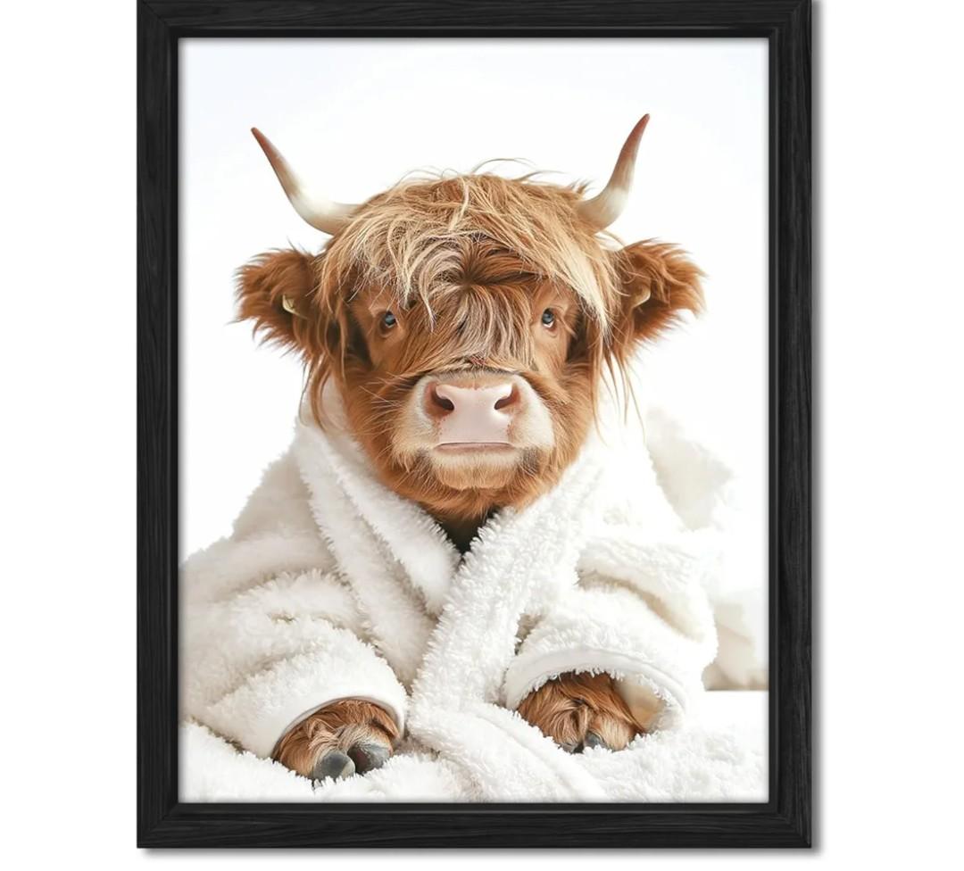 ZXDZSM Highland Cow Funny Bathroom Decor Wall Art, Funny Signs Animal Canvas Wall Art, Bathroom Highland Cow Art Prints,(12x16inch,FRAMED)