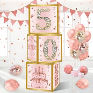 DataMoon 50th Birthday Decorations Boxes for Women - 3PCS Pink Rose Gold Happy 50th Birthday Balloons Boxes, Fifty Year Old Birthday Theme Cardboard Box Decor