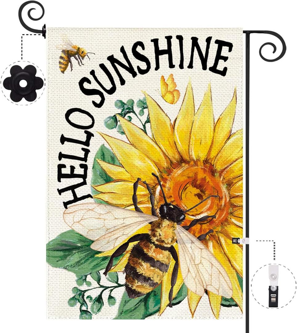 Baccessor Hello Sunshine Summer Garden Flag 12.5 x 18 Inch Double Sided Burlap Sunflower Bee Daisy Welcome Farmhouse Small Yard Flag Holiday Seasonal Outdoor Outside Decoration