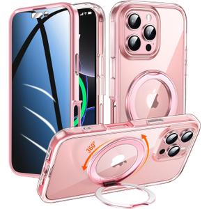 Privacy Case for iPhone 16 Pro with 360Stand [Built-in Anti Peeping Screen Protector] [Compatible with MagSafe] [Magnetic Ring ] Full Body Protective Phone Cover 6.3", Pink