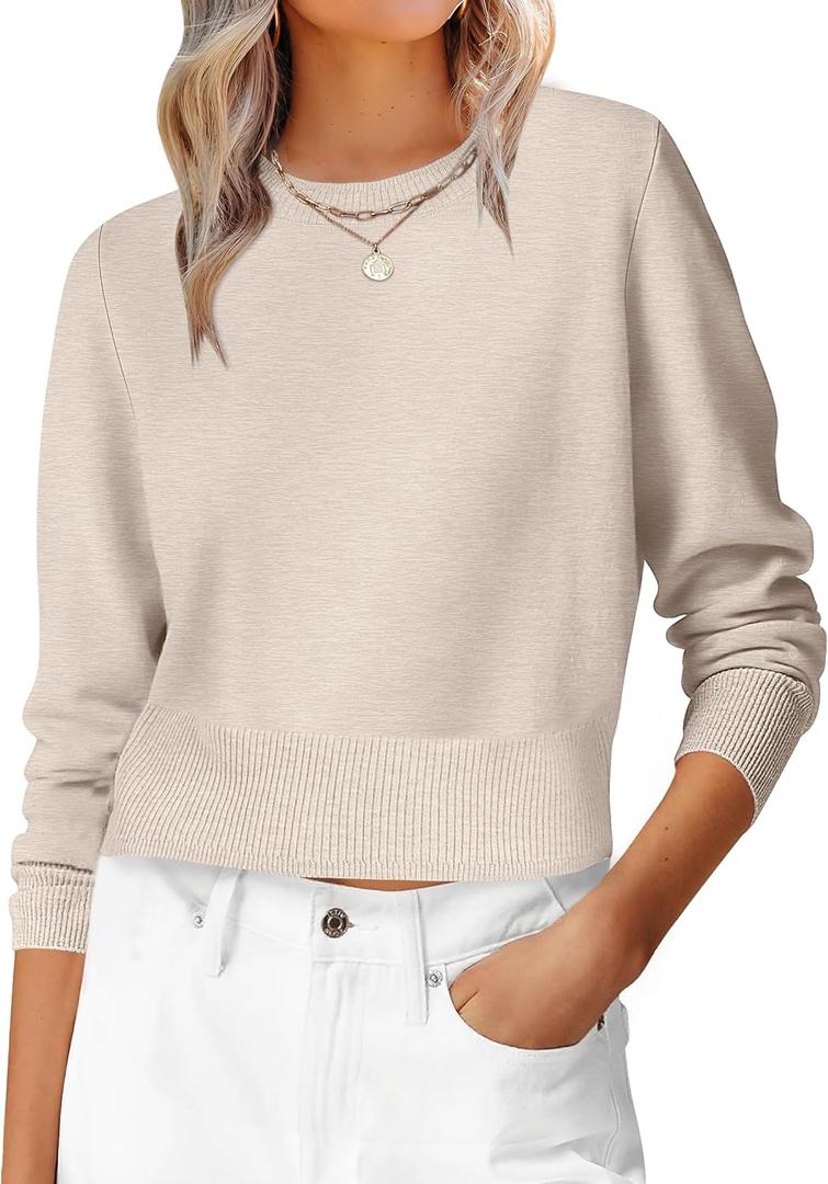 ANRABESS Women’s Long Sleeve Cropped Crew Neck Lightweight Fall Sweaters (Beige)