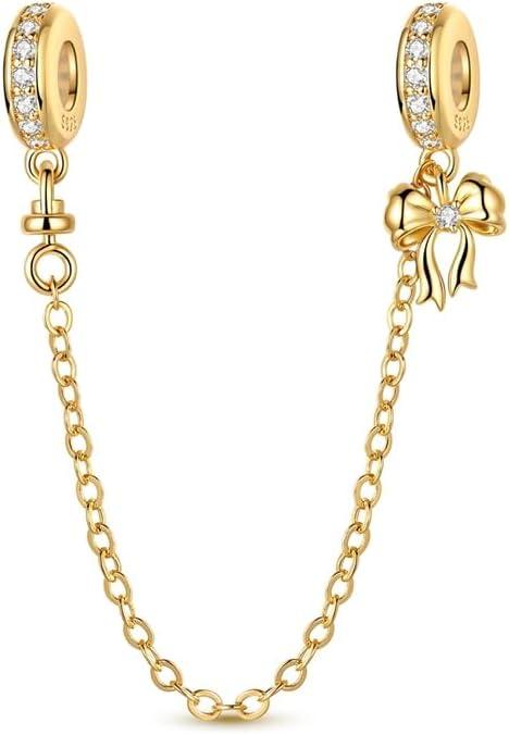 Charm for Bracelets and Necklaces, Heart Animals 925 Sterling Silver Bead Celestial Sun Moon Star Charms Jewelry Gift for Women Girls (Bow Safety Chain Charm)