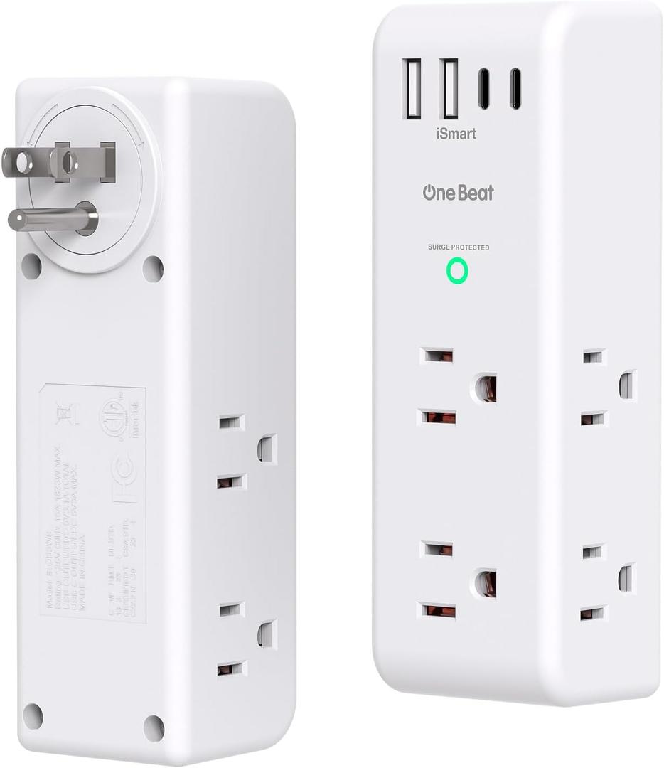 Surge Protector Outlet Extender with Rotating Plug, 6 AC Multi Plug Outlet with 4 USB Ports (3 USB C), 1800 J, 3-Sided Swivel Power Strip with Spaced Outlet Splitter for Dorm Office, White- Pack of 1