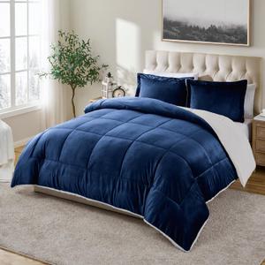 Cathay Home Queen Comforter Set, Reversible Micromink Sherpa, Navy