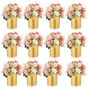 Ninehaoou 11 Pcs Gold Cylinder Vases for Wedding Centerpieces 5.1 Inch Tall Metal Flowers Vase Small Hurricane Holder for Wedding Dining Coffee Table Party Decorations, Not Included Flowers
