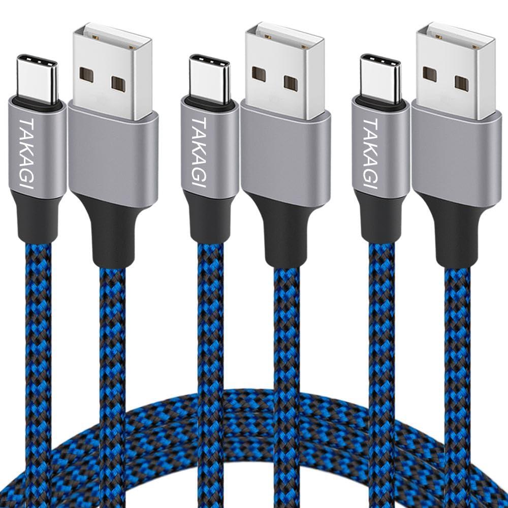 TAKAGI USB to USB C Cable (3Pack 6ft) USB A to Type C Cable Fast Charging Nylon Braided Data Sync Transfer Cord USB C Charger (Blue)