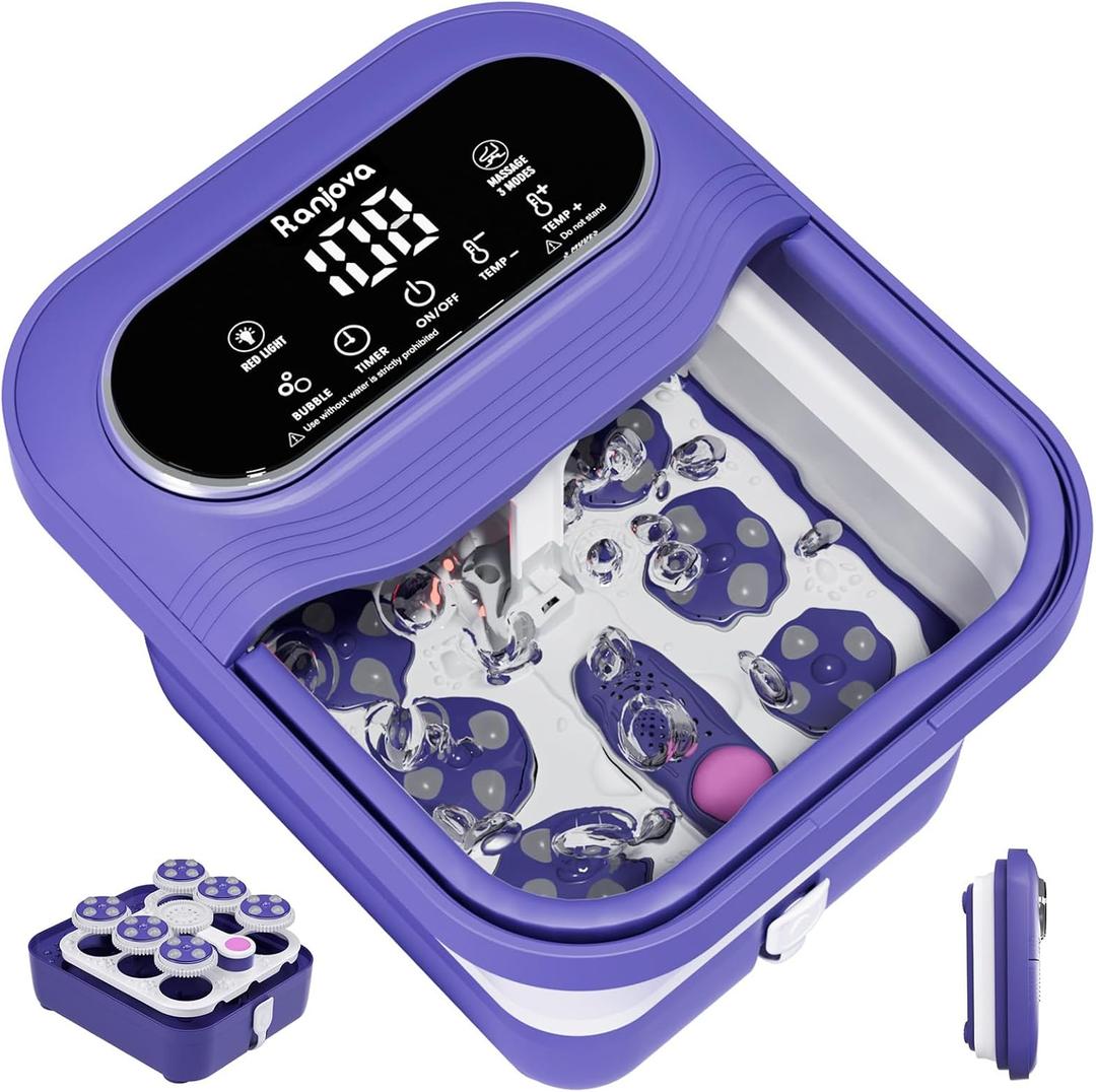 Foot Spa Electric Rotary Massage, Collapsible Foot Bath with Heat, Bubble,Temp Control, and 24 Motorized Shiatsu Massage Balls, Pedicure Foot Spa for Feet Relaxation (Blue)