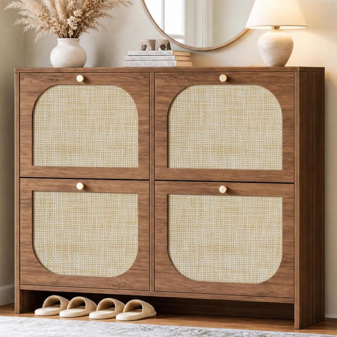 Nicetree Freestanding Ultra Slim Arched Accent Entryway Shoe Storage - 4 Flip Drawers & 3-Tier Adjustable Shelves, Modern Slim Shoe Cabinet for Hallway, Foyer (flip Down Shoe Cabinet | Amber Oak), 9.5"D x 39.4"W x 35.5"H