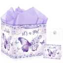 Extra Large Butterfly Baby Girl Gift Bag Square Jumbo Butterfly Baby Shower Bag for Girls with Wrapping Paper Card Sticker Envelope, Purple Floral Oversized Gift Bag for Baby Girl Party Favors Gifts