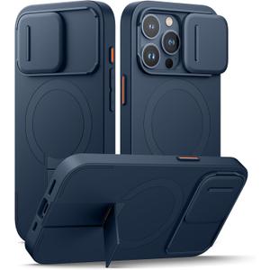 SURITCH for iPhone 15 Pro Case with Magnetic Camera Slide Cover and Adjustable Kickstand, Compatible with MagSafe, Shockproof Bumper Case Slim Protective Cover 6.1 Inch, Blue