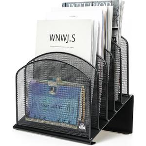 Inclined Desk File Organizer, 5-Section Vertical File Folder Holder Stand Metal Rack File Sorter for Office Classroom Desktop Organization (Black, 1Pack)