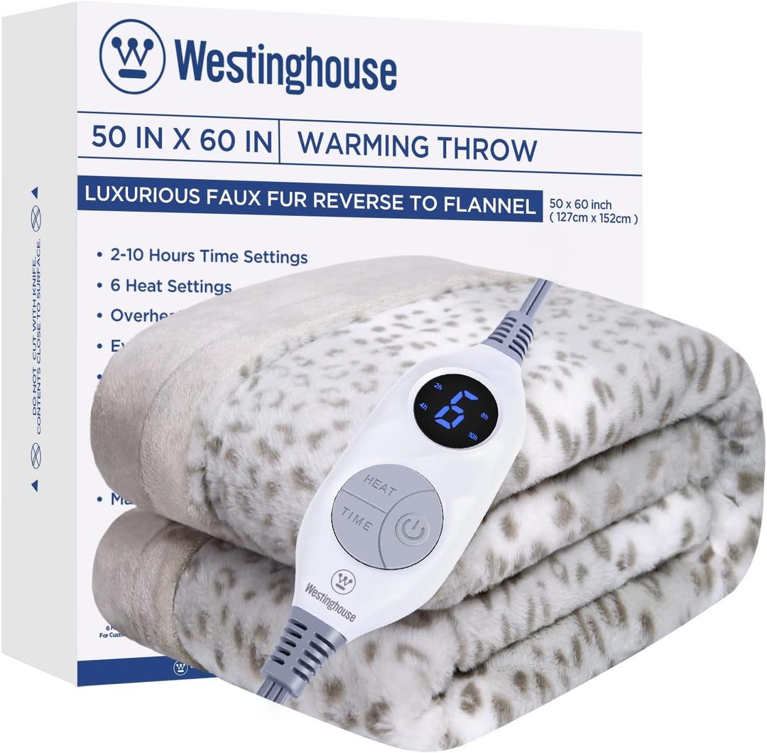 Westinghouse Heated Throw Blanket, Grey Leopard Electric Throw Blanket, Luxury Faux Fur to Flannel Reversible, 6 Heating Levels & 2-10 Hours Time Setting, Machine Washable (Throw, 50"x60")