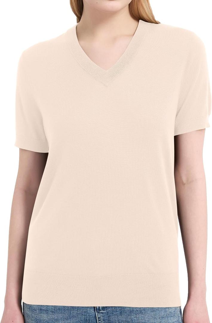 Women's 100% Merino Wool Sweaters Short Sleeve V Neck Sweater T-Shirt Business Summer Pullover Tops Vacation Outfits (Beige), S