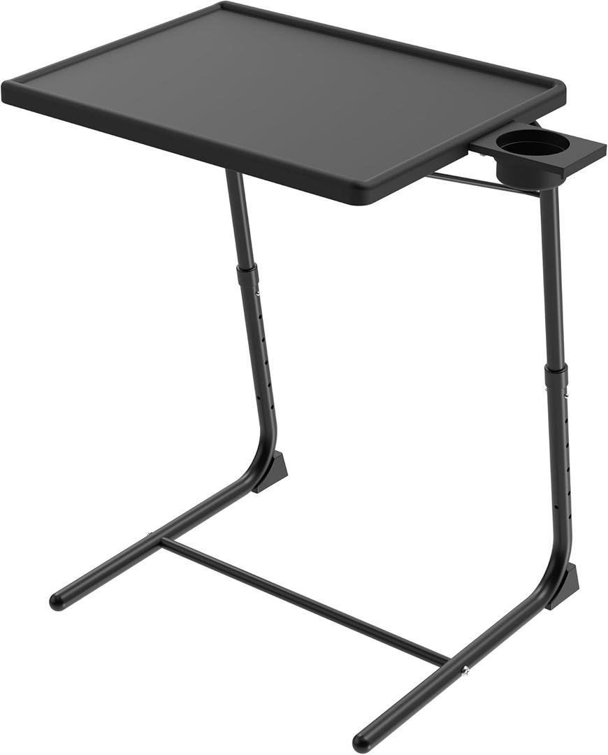 Adjustable TV Tray Table for Breakfast & Dinner - Black Folding Couch Desk with Cup Holder, Portable Eating Tray for Sofa, Bed, Living Room - 6 Height & 3 Angle Adjustments