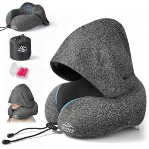 Travel Pillow with Extra Large Hood for Airplane Long Flights Privacy and Comfort Memory Foam with Skin-Friendly Cover for Road Trip Head&Neck Support for Plane Office Cars Sleeping & Rest (Grey)
