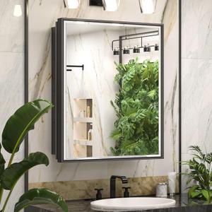 Keonjinn 21" x 27" Black Medicine Cabinet for Bathroom, Recessed or Surface Wall-Mounted Aluminum Alloy Framed Beveled Mirror with Storage, Mirrored Cabinets with 2 Adjustable Shelves for Bath Modern