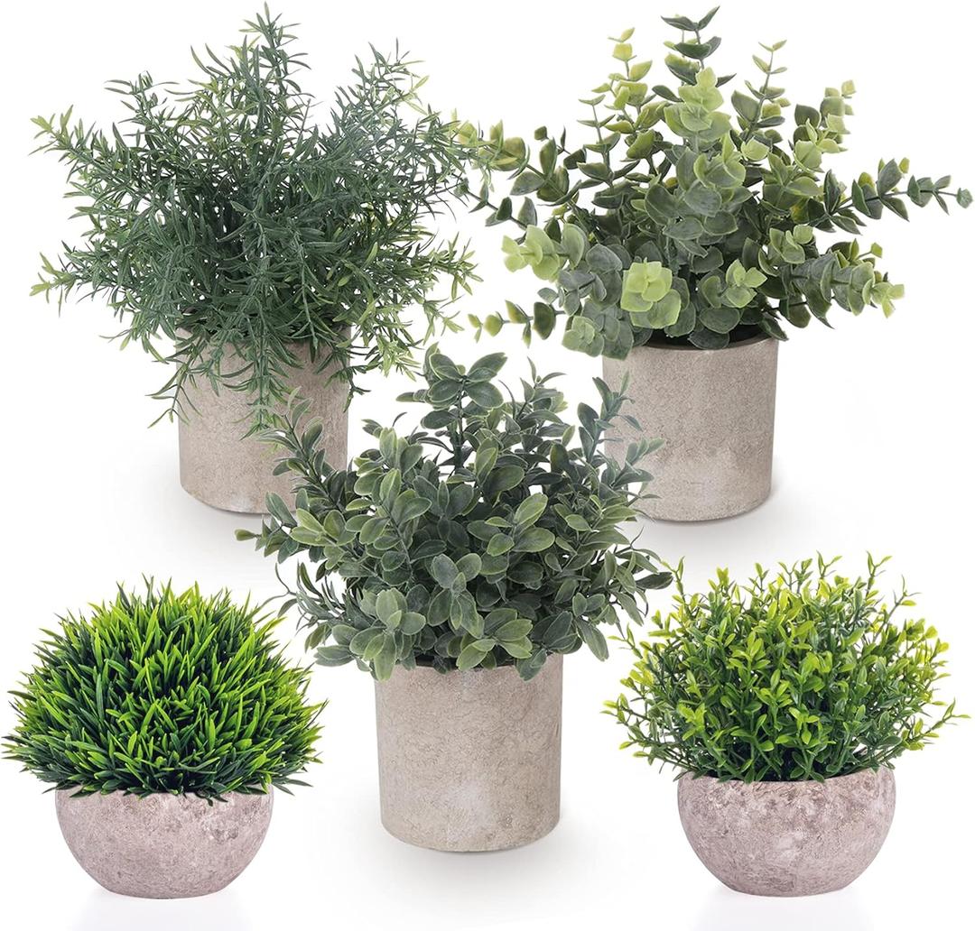 Fake Plants,5 Pack Small Fake Plants Mini Potted Artificial Eucalyptus Greenery Plastic Green Grass Plants for Indoor Outdoor,Mini Faux Plant for Shelve Desk Table Farmhouse Bathroom Shelf Decor (2 Green+3 Grey)