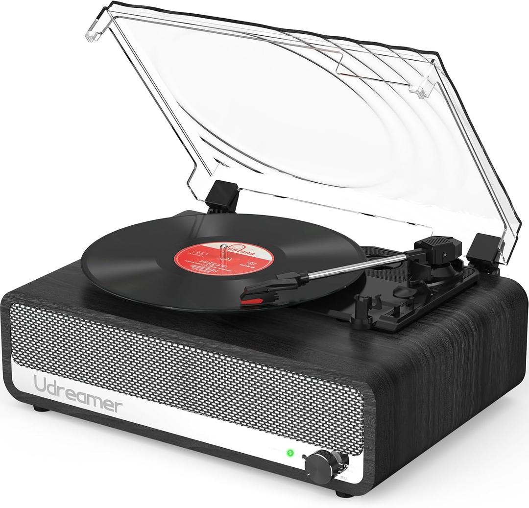 Vinyl Record Player with Built-in Speakers,3 Speed Turntable with Latest Bluetooth 5.3, AUX Input, Headphone Jack, RCA Output and Auto Stop, Mirror Vintage Wooden Black