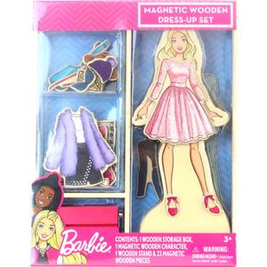 Barbie Magnetic Wooden Dress Up Toy  Pretend Play Set with Wooden Barbie Doll, Mix & Match Outfits & Storage Box  Educational Magnetic Toy for Girls Ages 3+