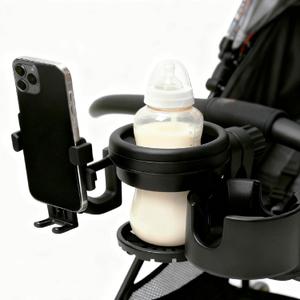 Stroller Cup Phone Holder Attachment, 3-in-1 Universal Cup Holder with Adjustable Phone Mount, Double Cup Holder for Walker Wheelchair Fits Most Donna, Uppababy, Bugaboo, Anti-Slip & Easy Install