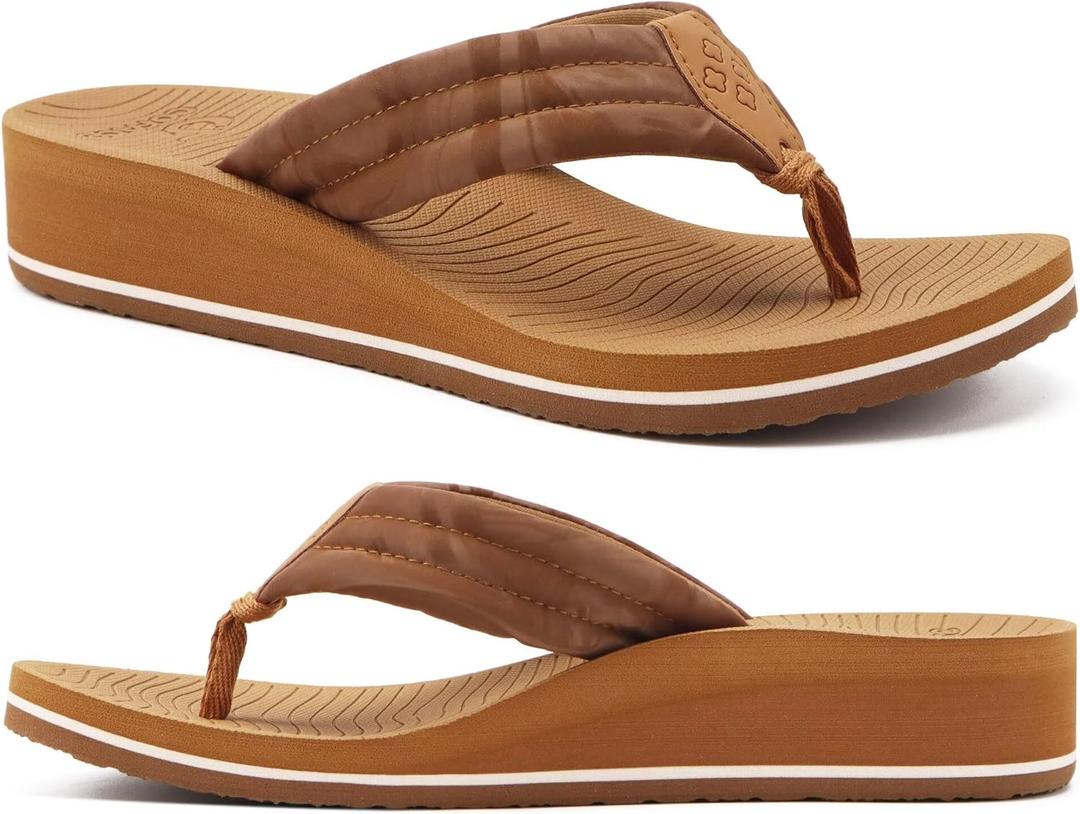 COFACE Womens Flip Flops with Arch Support Ladies Fashion Lightweight Wedge Flip Flops Comfortable Yoga Mat Sole Summer Platform Thong Sandals (7, Khaki)