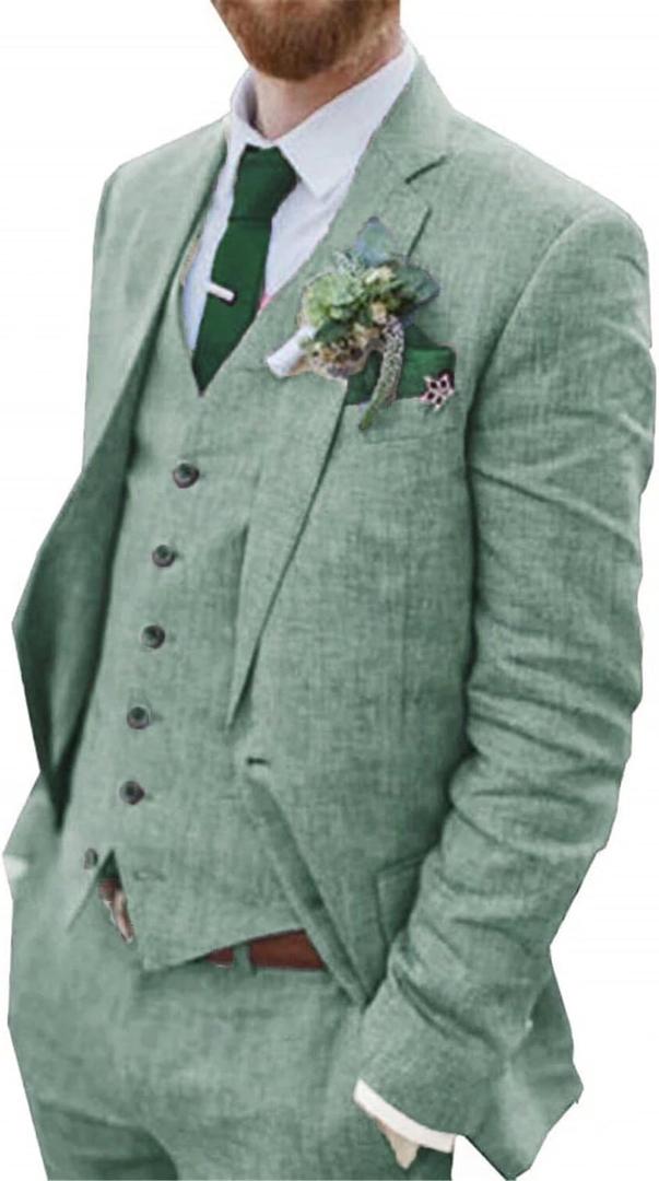 Wehilion Retro Linen Men Suit Beach Wedding Suit Summer Slim Fit 3 Pieces Light Weight Linen Suit Jacket Vest Pant Tuxedo (Large)