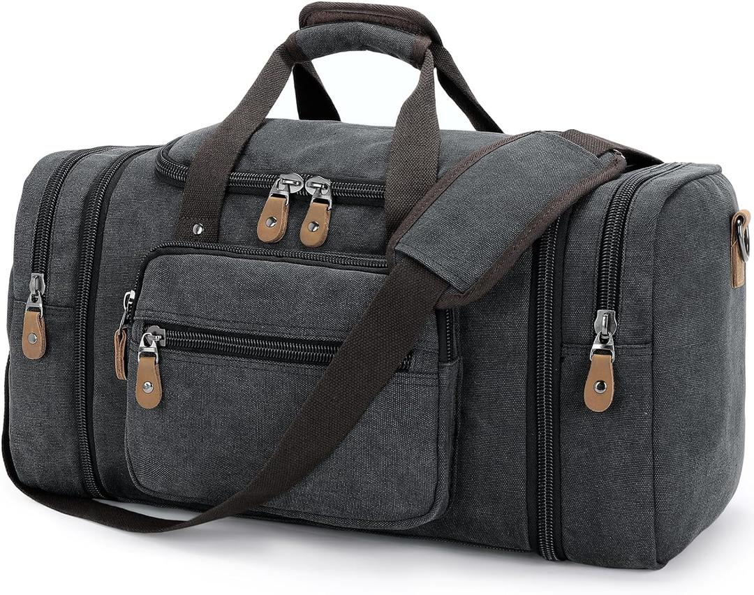 Gonex Canvas Duffle Bag for Travel 50L Expandable Duffel Weekend Overnight Bag men (Dark Gray) (Large-50L (No Shoe Compartment))