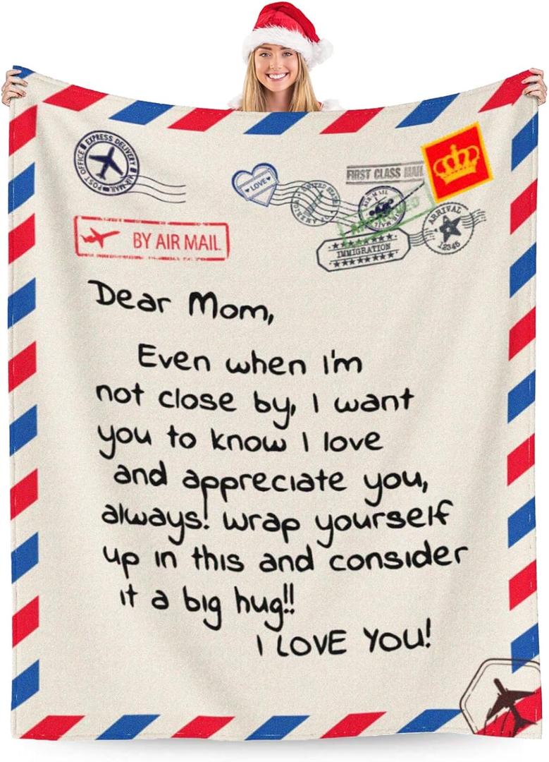 Blanket Gifts for Mom, Anniversary Birthday Gifts for Mom from Daughter Son, Dear Mom Blanket for Mother's Day, Christmas, Valentine's Day, I Love You Mom Letter Warm Soft Throw Blanket 60"50"
